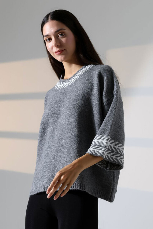 Gri Bisiklet Yaka Desenli Triko Kazak BCES-252038