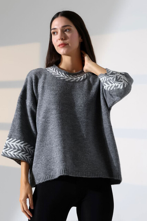 Gri Bisiklet Yaka Desenli Triko Kazak BCES-252038