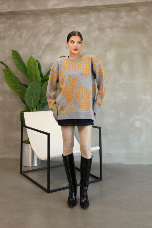 Gri Bisiklet Yaka Desenli Triko Kazak BCES-252046