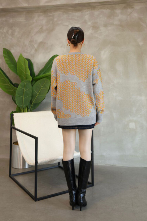 Gri Bisiklet Yaka Desenli Triko Kazak BCES-252046