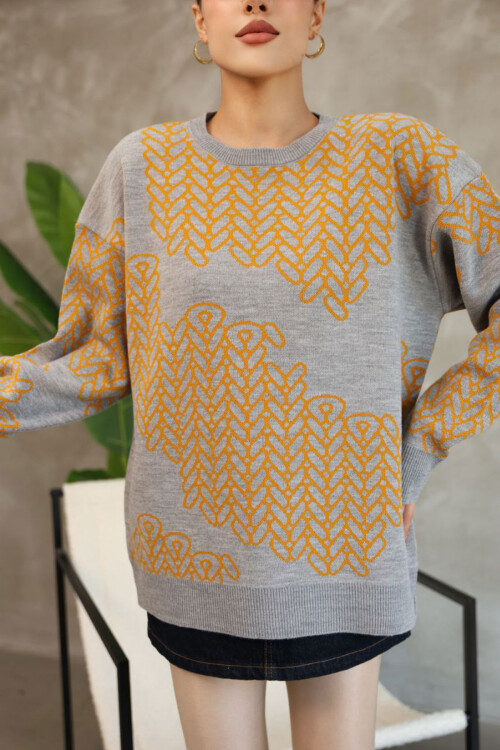 Gri Bisiklet Yaka Desenli Triko Kazak BCES-252046