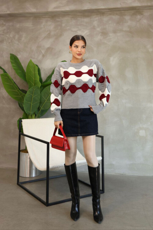 Gri Bisiklet Yaka Kabartma Desenli Triko Kazak BCES-252034