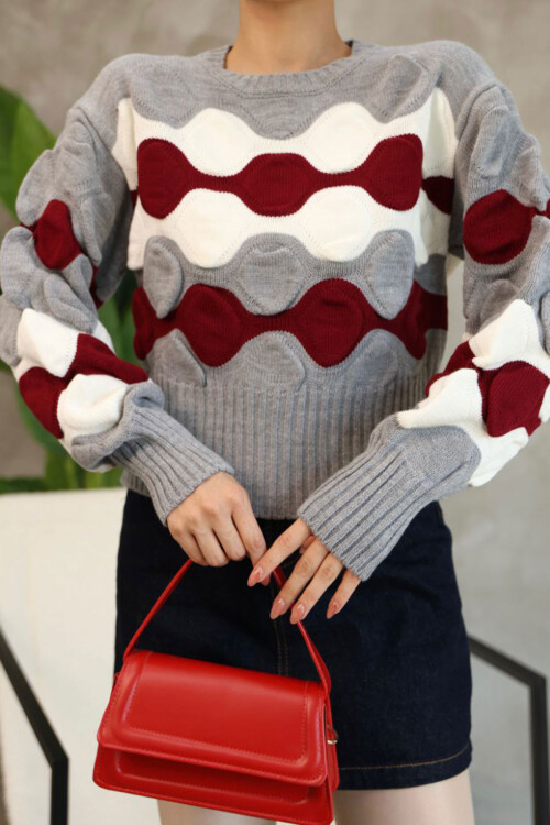 Gri Bisiklet Yaka Kabartma Desenli Triko Kazak BCES-252034