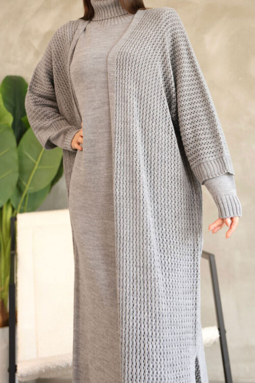 Gri Boğazlı Uzun Kol Triko Elbise Ve Uzun Hırka Tesettür Alt Üst Triko Takım BCES-252039