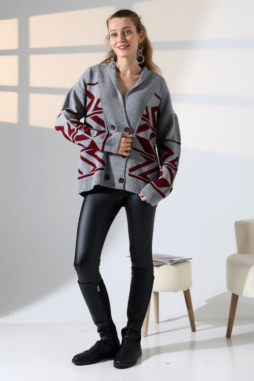 Gri Çift Düğme Detaylı Desenli Triko Hırka BCES-252021