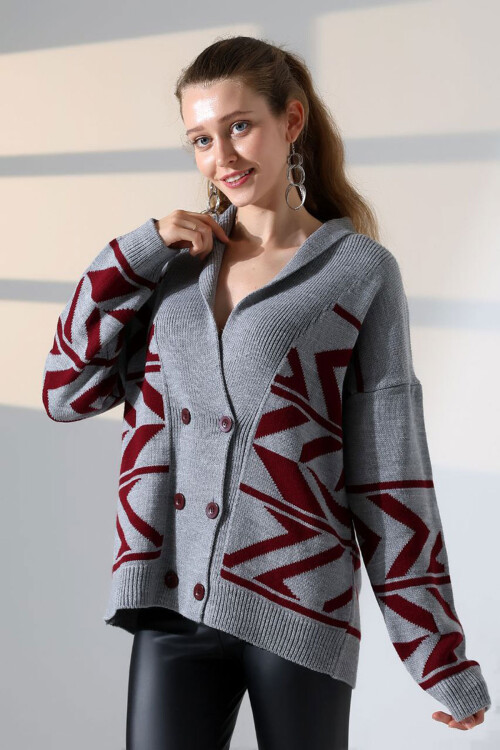 Gri Çift Düğme Detaylı Desenli Triko Hırka BCES-252021