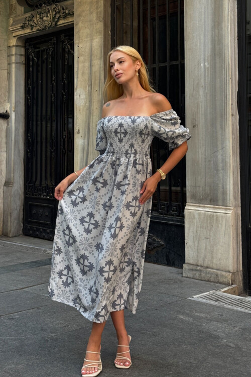 Gri Kare Yaka Beli Çiçek Desenli Dokuma Yazlık Elbise BCVL-25V095-1