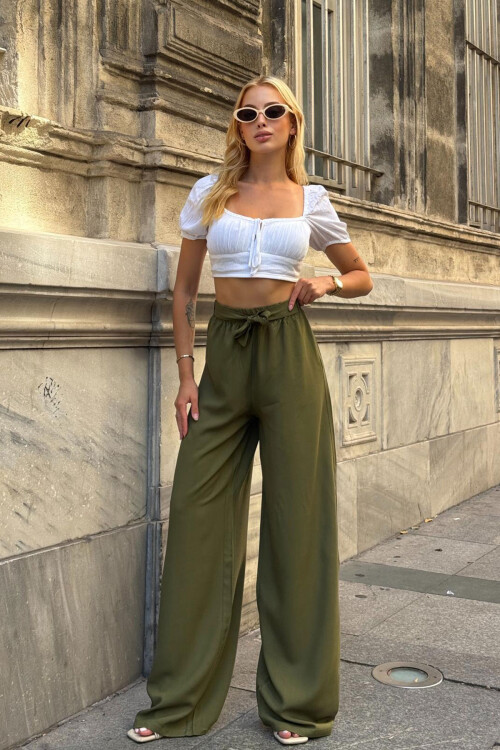 Haki Beli Bağlamalı Bol Kesim Palazzo Yazlık Pantolon BCPK-2510000