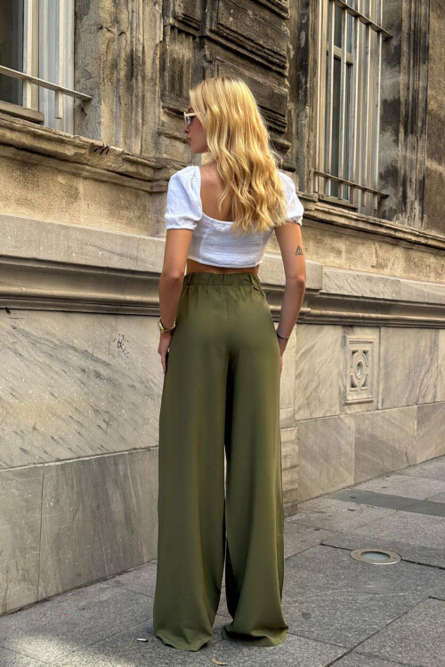 Haki Beli Bağlamalı Bol Kesim Palazzo Yazlık Pantolon BCPK-2510000