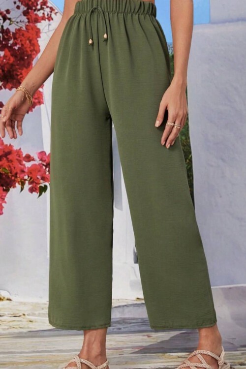 Haki Beli Lastikli Rahat Kalıp Oversize Aerobin Dokuma Pantolon