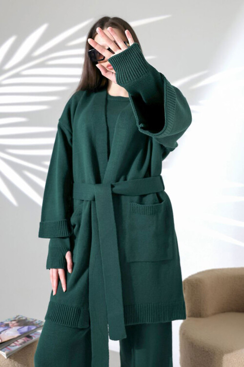 Haki Bisiklet Yaka Bluz, Hırka Ve Pantolon 3 Lü Triko Takım BCES-252041