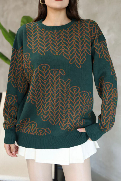 Haki Bisiklet Yaka Desenli Triko Kazak BCES-252046