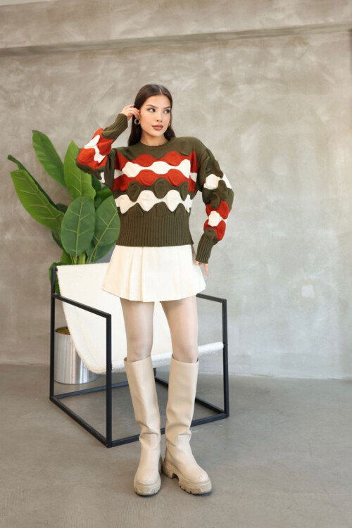 Haki Bisiklet Yaka Kabartma Desenli Triko Kazak BCES-252034