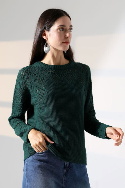 Haki Bisiklet Yaka Motif İşlemeli Triko Kazak BCES-252036