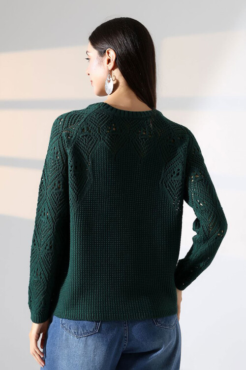 Haki Bisiklet Yaka Motif İşlemeli Triko Kazak BCES-252036