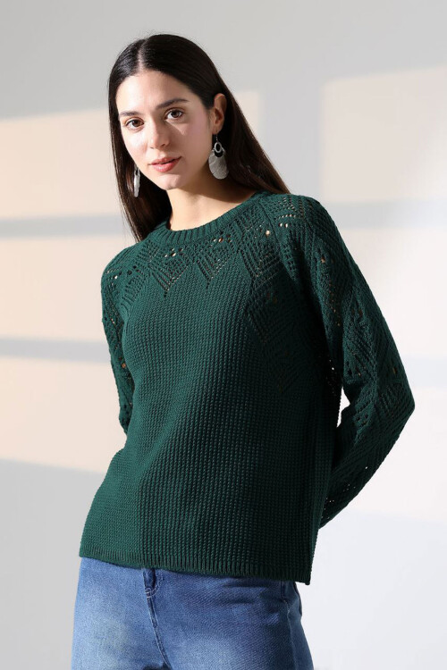 Haki Bisiklet Yaka Motif İşlemeli Triko Kazak BCES-252036