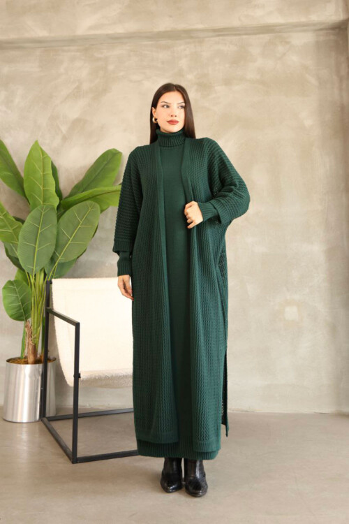 Haki Boğazlı Uzun Kol Triko Elbise Ve Uzun Hırka Tesettür Alt Üst Triko Takım BCES-252039