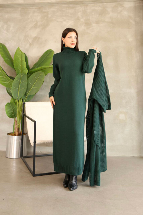 Haki Boğazlı Uzun Kol Triko Elbise Ve Uzun Hırka Tesettür Alt Üst Triko Takım BCES-252039