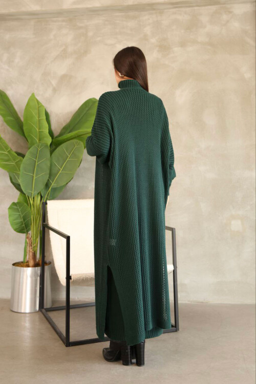 Haki Boğazlı Uzun Kol Triko Elbise Ve Uzun Hırka Tesettür Alt Üst Triko Takım BCES-252039