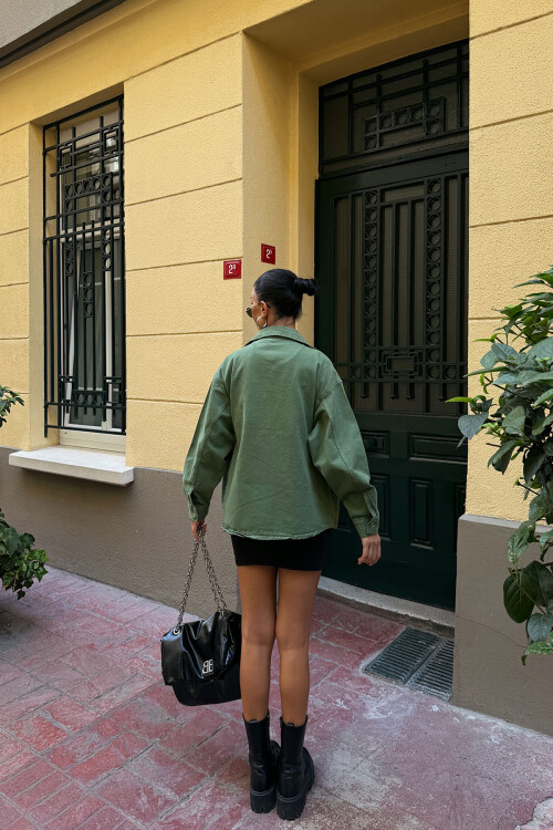 Haki Çift Cepli Yıkamalı Denim Gömlek Ceket BCDF-235403