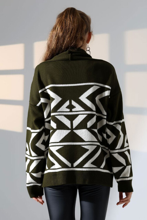 Haki Çift Düğme Detaylı Desenli Triko Hırka BCES-252021