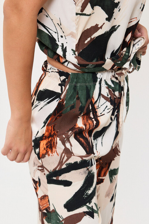 Haki Desenli Kolsuz Bluz Ve Geniş Paça Pantolon Dokuma Alt Üst Takım BCVL-25V201