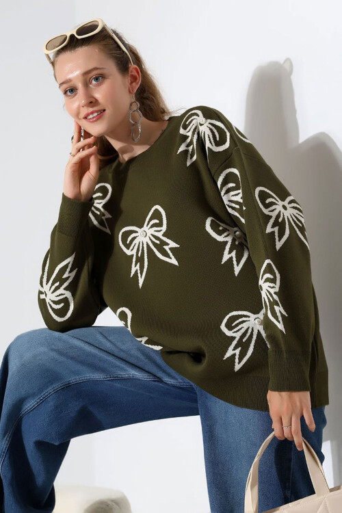 Haki Fiyonk Desenli Triko Kazak BCES-252045