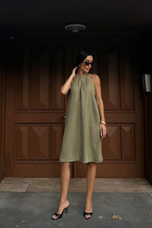 Haki Gizli Cepli Yazlık Keten Dokuma Elbise BCDF-25255029