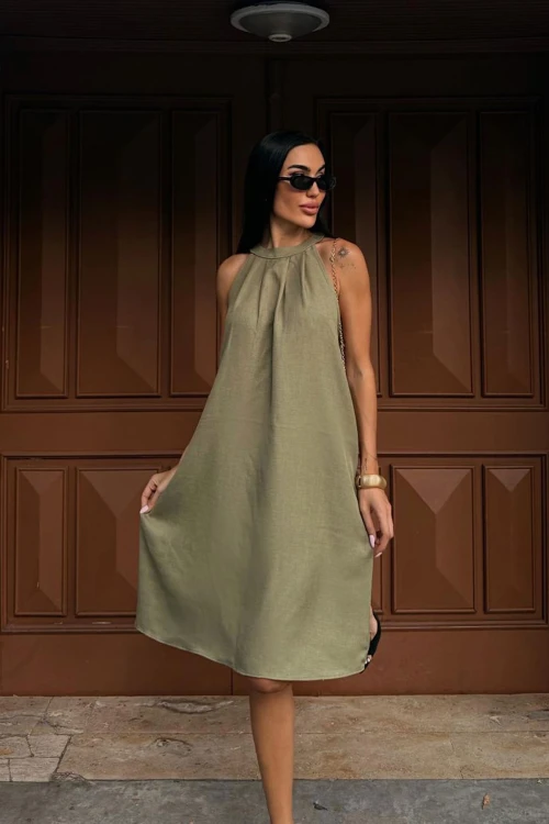 Haki Gizli Cepli Yazlık Keten Dokuma Elbise BCDF-25255029