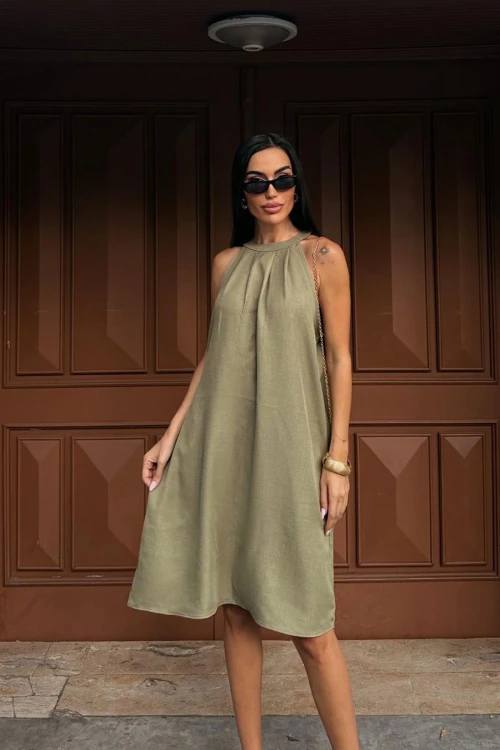 Haki Gizli Cepli Yazlık Keten Dokuma Elbise BCDF-25255029