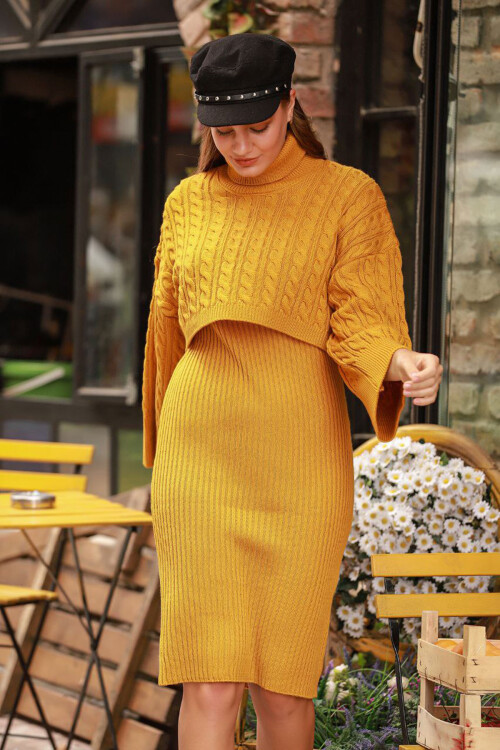 Hardal Boğazlı Örgü Motifli Crop Kazak Ve Triko Elbise Takım BC231004