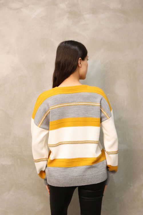 Hardal V Yaka Çizgi Bloklu Triko Kazak BCES-252018