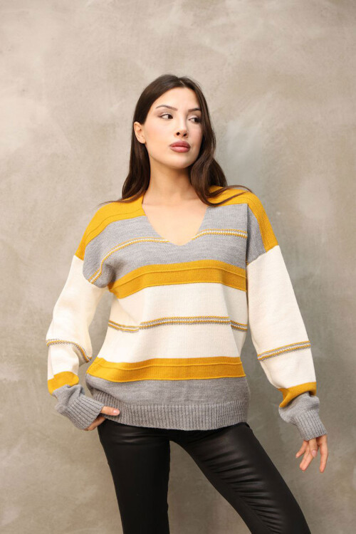 Hardal V Yaka Çizgi Bloklu Triko Kazak BCES-252018