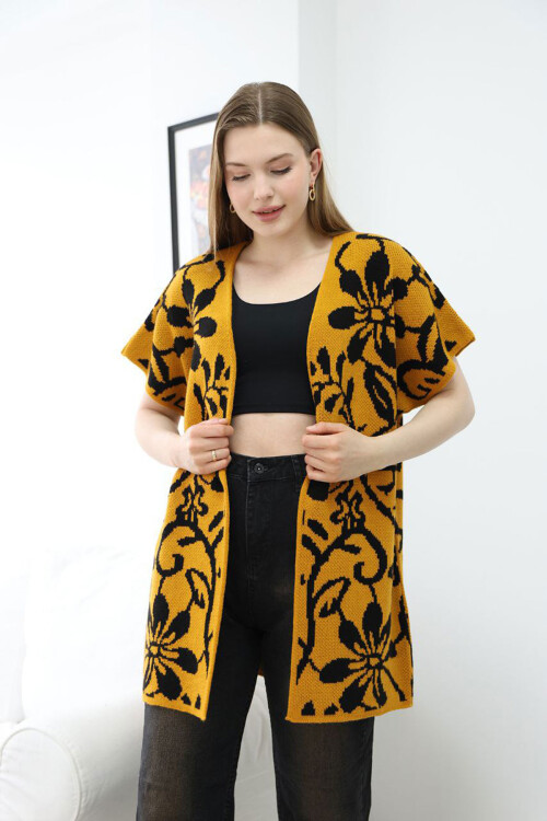 Hardal Yarım Kol Desenli Triko Hırka BCES-252007