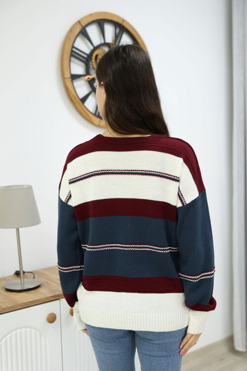 İndigo V Yaka Çizgi Bloklu Triko Kazak BCES-252018