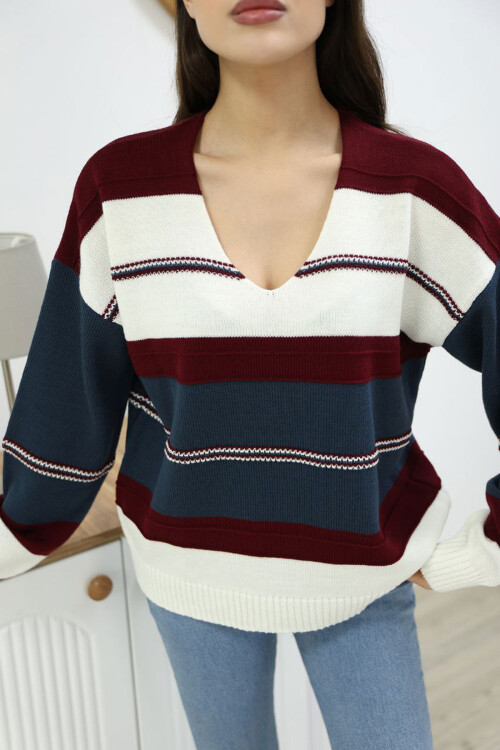 İndigo V Yaka Çizgi Bloklu Triko Kazak BCES-252018