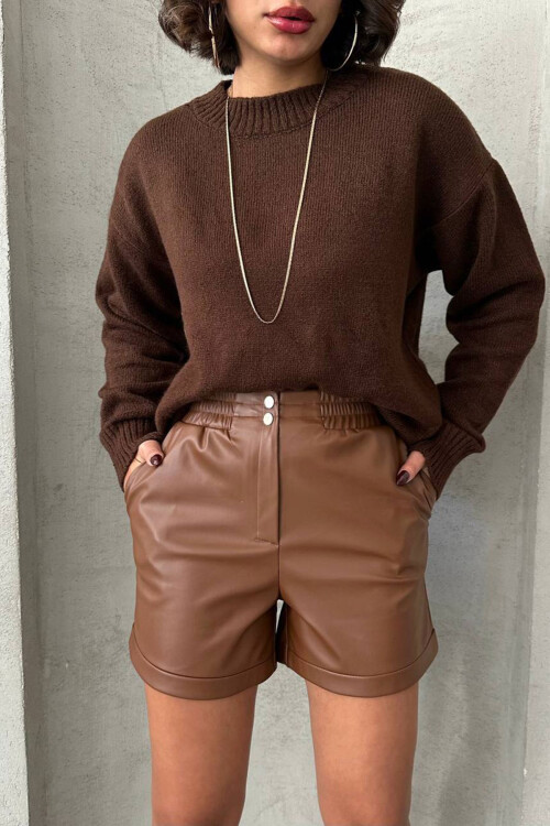 Kahverengi Beli Lastikli Suni Deri Şort BCHN-25261007