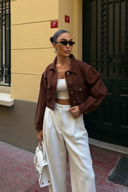 Kahverengi Çift Cep Denim Crop Ceket BCDF-255419