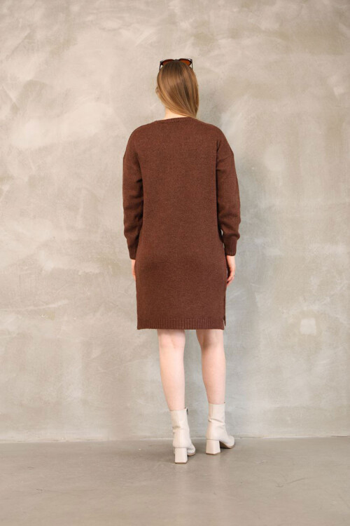 Kahverengi Çift Cepli Bisiklet Yaka Tunik Elbise BCES-252022-1