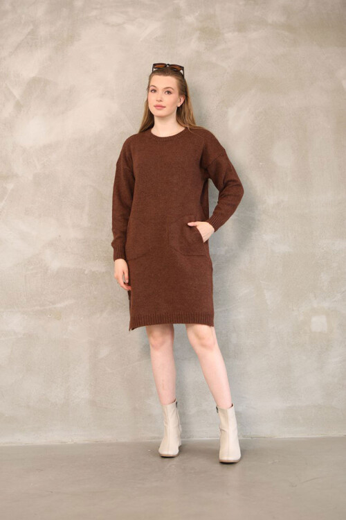 Kahverengi Çift Cepli Bisiklet Yaka Tunik Elbise BCES-252022-1