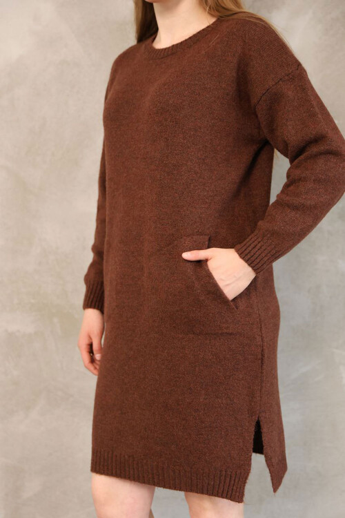 Kahverengi Çift Cepli Bisiklet Yaka Tunik Elbise BCES-252022-1