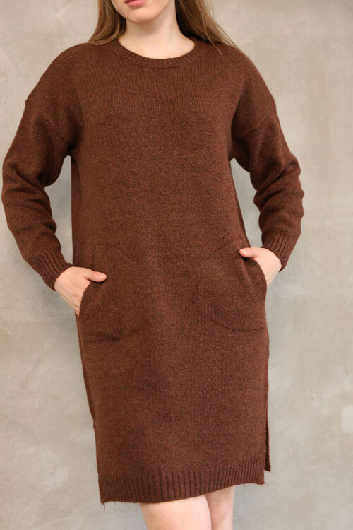 Kahverengi Çift Cepli Bisiklet Yaka Tunik Elbise BCES-252022-1