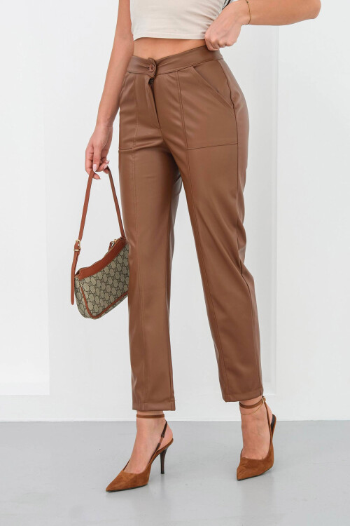 Kahverengi Çift Cepli Önü Dikiş Detaylı Suni Deri Pantolon BCHN-25265098