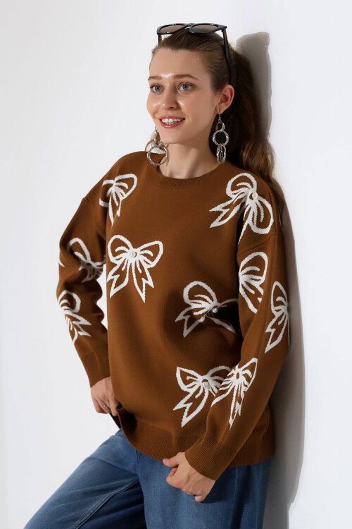 Kahverengi Fiyonk Desenli Triko Kazak BCES-252045