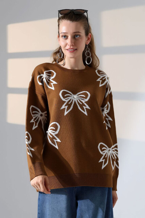 Kahverengi Fiyonk Desenli Triko Kazak BCES-252045