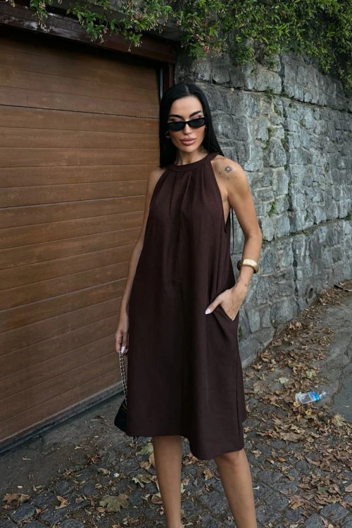 Kahverengi Gizli Cepli Yazlık Keten Dokuma Elbise BCDF-25255029