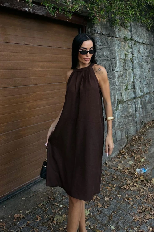 Kahverengi Gizli Cepli Yazlık Keten Dokuma Elbise BCDF-25255029