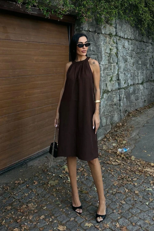 Kahverengi Gizli Cepli Yazlık Keten Dokuma Elbise BCDF-25255029