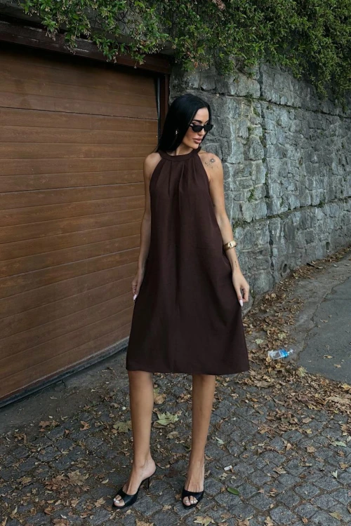 Kahverengi Gizli Cepli Yazlık Keten Dokuma Elbise BCDF-25255029