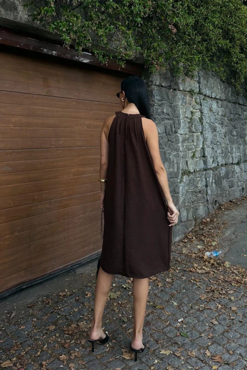 Kahverengi Gizli Cepli Yazlık Keten Dokuma Elbise BCDF-25255029